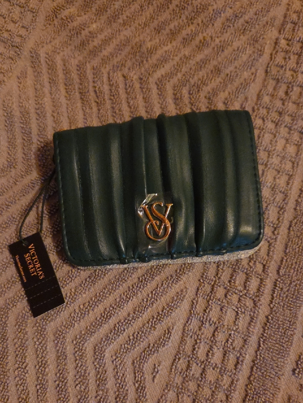 Victoria's Secret Dark Green Quilted Wallet with Gold Logo